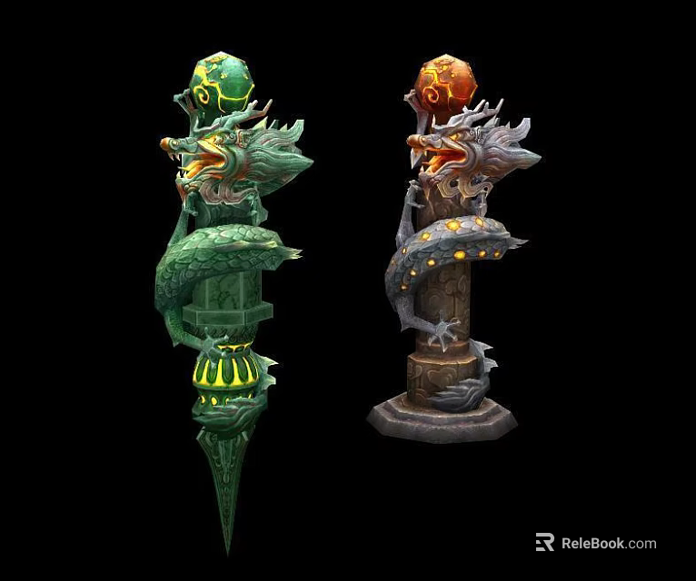 Intricate Dragon Statues Featuring Green And Orange Orbs On Ornate Pedestals 3d model 