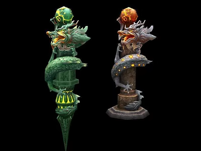 Intricate Dragon Statues Featuring Green And Orange Orbs On Ornate Pedestals 3d model