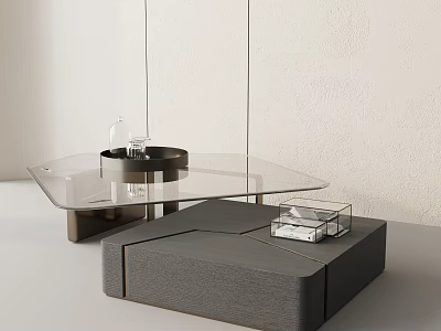 Modern Coffee Table Featuring Glass Top Metal Frame And Decorative Tray With Small Box 3d model