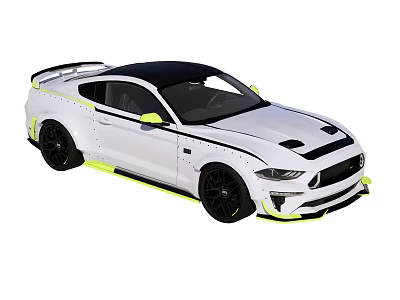 White Sports Car Exterior Features Black Roof Stripes Yellow Accents and Black Wheels 3d model