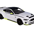White Sports Car Exterior Features Black Roof Stripes Yellow Accents and Black Wheels