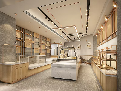 Contemporary Dessert Shop Interior With Glass Display Cases Wooden Shelves And Warm Pendant Lighting 3d model