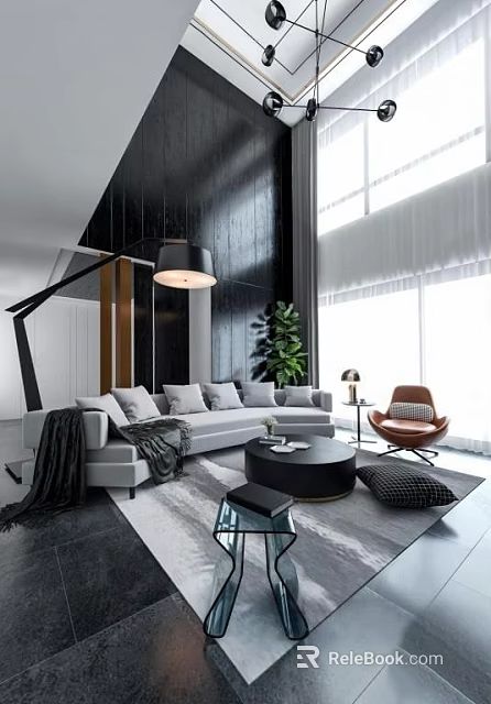 Duplex Living Room Interior With Gray Sofa Black Wall Large Windows Green Plant And Modern Pendant Light 3d model 