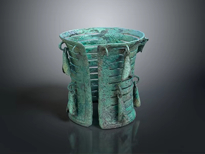 Ancient Bronze Sculpture Carved With Ribbed Design And Hanging Ornaments 3d model