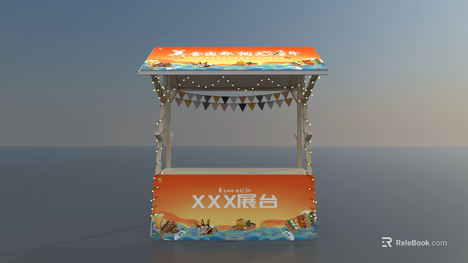 Vibrant Exhibition Booth With Orange Banner String Lights Bunting And Decorative Patterns 3d model 