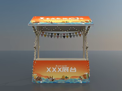 Vibrant Exhibition Booth With Orange Banner String Lights Bunting And Decorative Patterns 3d model