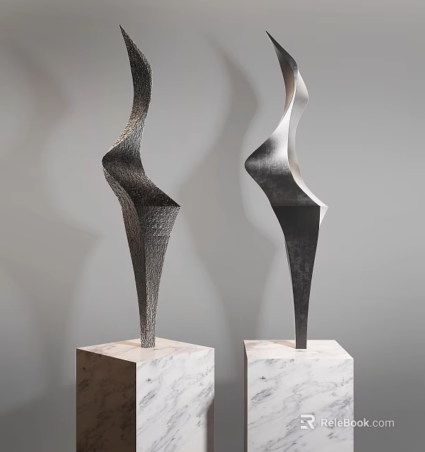 Decorative Ornament Set with Metallic Curved Design and Marble Bases for Modern Interior Decoration 3d model 