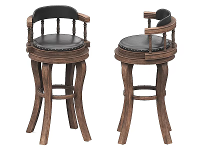 Classic Wooden Bar Stools With Black Leather Seats Armrests And Vintage Design 3d model