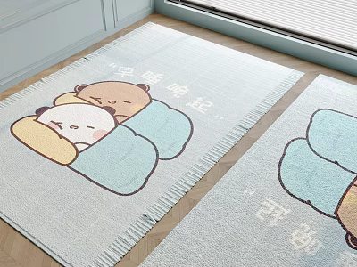Two Square Light Blue Carpets with Cute Cartoon Bear Patterns and Fringed Edges for Home 3d model