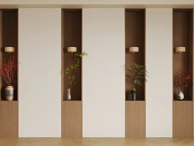 Four Wooden Niches with Decorative Vases and Green Plants Under Wall Lights 3d model