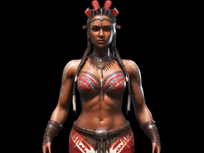 Woman In Ornate Traditional Outfit With Red Black Headdress Braids Tattoos And Decorative Belt 3d model