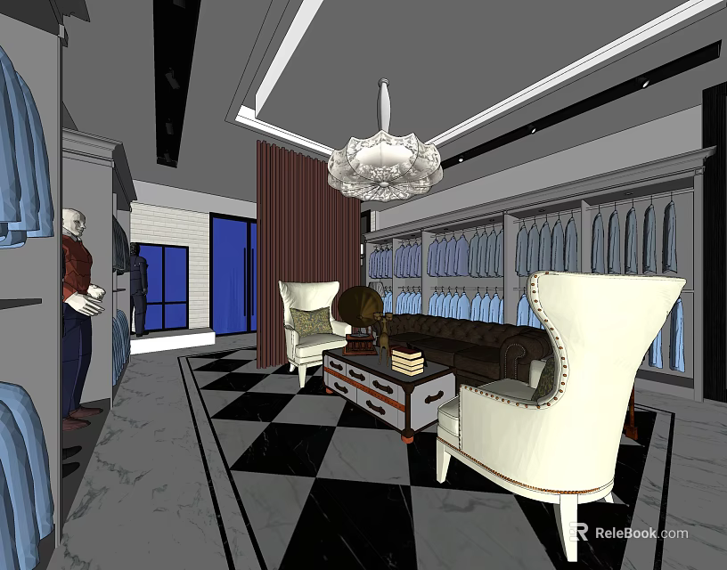 Elegant Clothing Store Interior With Displayed Clothes Mannequins White Chairs And Checkered Floor 3d model 