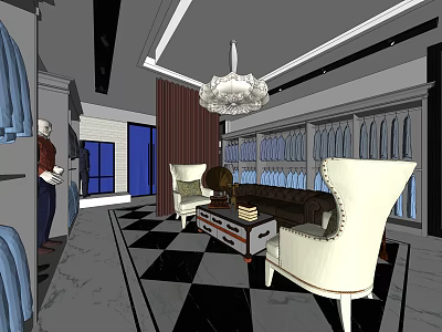 Elegant Clothing Store Interior With Displayed Clothes Mannequins White Chairs And Checkered Floor 3d model