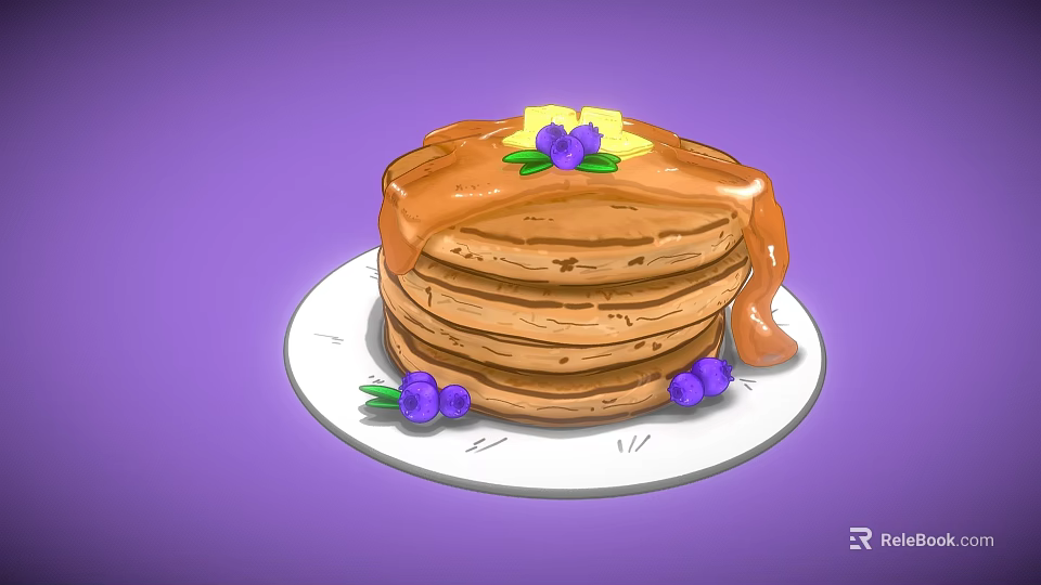 Delicious Stack of Pancakes With Butter Drizzled Syrup and Fresh Blueberries 3d model 