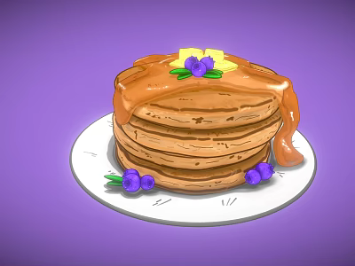 Delicious Stack of Pancakes With Butter Drizzled Syrup and Fresh Blueberries 3d model