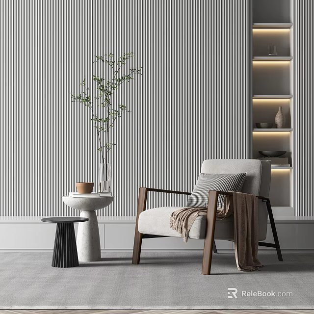 Light Gray Single Sofa With Wooden Armrests Brown Blanket Green Plant Gray Vertical Striped Wallpaper 3d model 