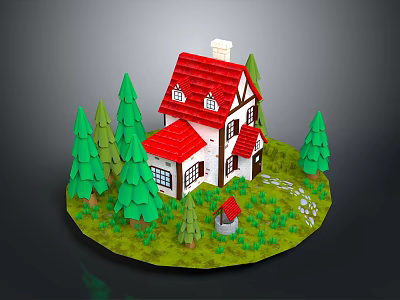 Modern Scene Featuring Red Roofed White House Small Red Cottage Pine Trees Grass And Path 3d model