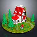 Modern Scene Featuring Red Roofed White House Small Red Cottage Pine Trees Grass And Path