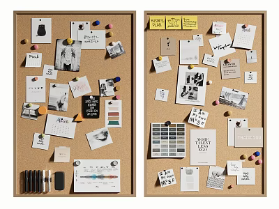 Corkboard With Photos Notes Cards Pens And Color Palette For Organization 3d model