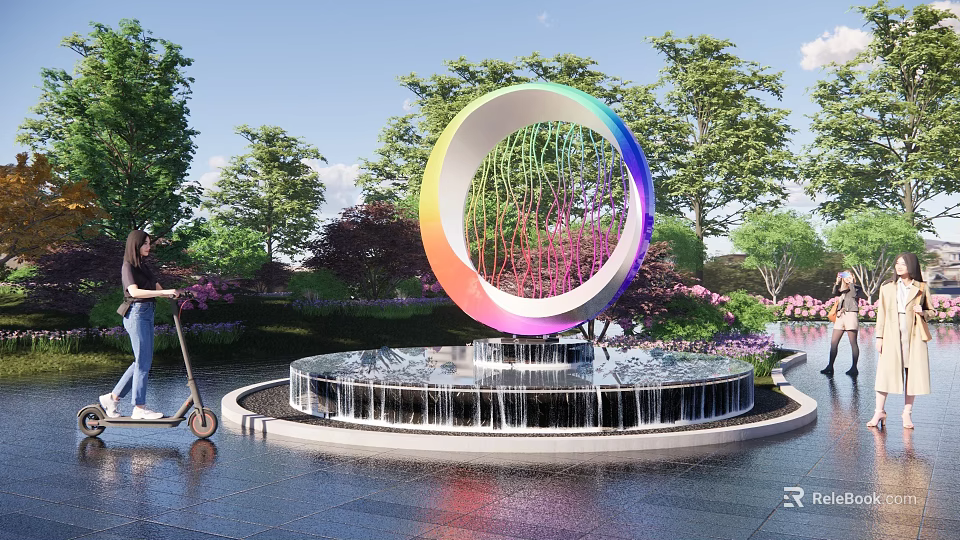Garden Ornament Rainbow Colored Circular Sculpture with Water Fountain Surrounded by Trees and Flowers 3d model 