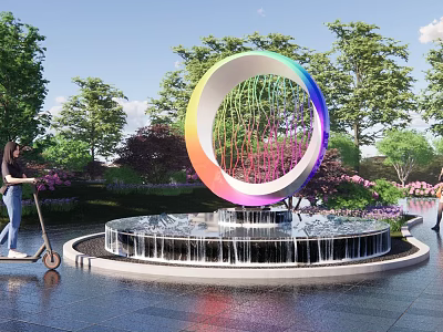 Garden Ornament Rainbow Colored Circular Sculpture with Water Fountain Surrounded by Trees and Flowers 3d model