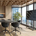 Modern Conference Room With Wooden Ceiling Recessed Lights Large Table Black Chairs And City View