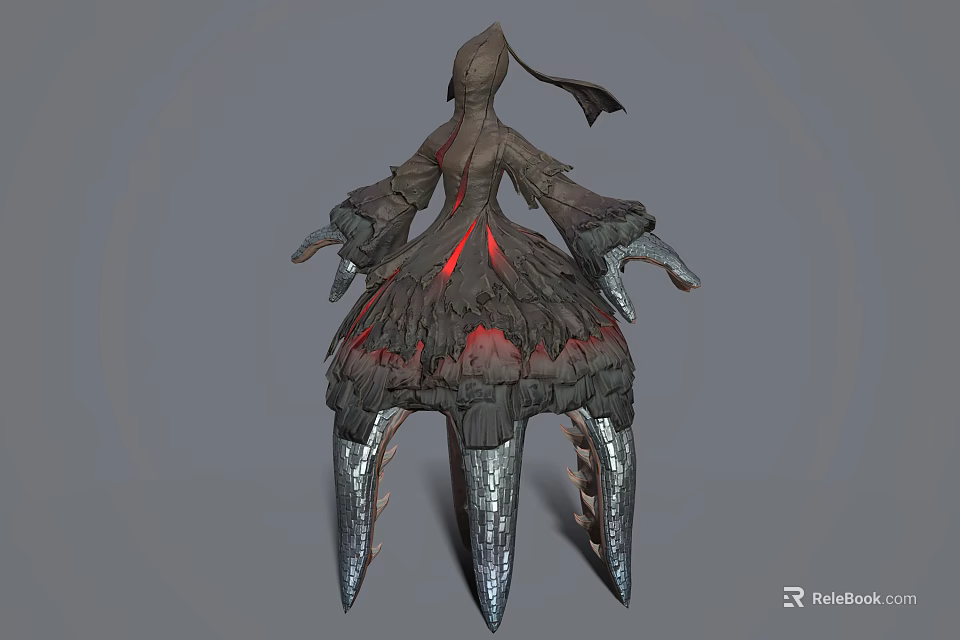 Dark Fantasy Game Movie Character With Tattered Hooded Robe Red Glowing Patterns Spiked Legs 3d model 