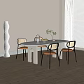Modern Dining Table Set with White Round Table Four Chairs Woven Backrests Orange Cushions 3d model