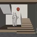 Modern Interior With Metal Bear Sculpture Holding Red Balloon Staircase Lighting And Marble Accent