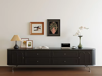 Dark TV Stand With Table Lamp Photo Frames Open Book Vase And Wall Art 3d model