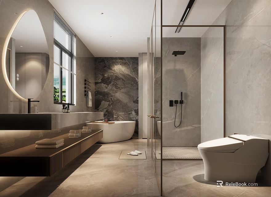 Modern Bathroom Interior With Circular Mirror Glass Shower Bathtub And Marble Wall 3d model 