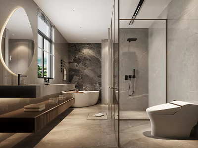 Modern Bathroom Interior With Circular Mirror Glass Shower Bathtub And Marble Wall 3d model