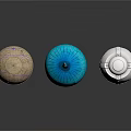 Decorative Golden Patterned Ball Blue Striped Onion Shaped Object And Silver Black Jar Arrangement