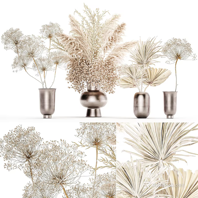 Silver Metallic Decorative Vases With Dried Pampas Grass And Palm Leaves Arrangement 3d model 