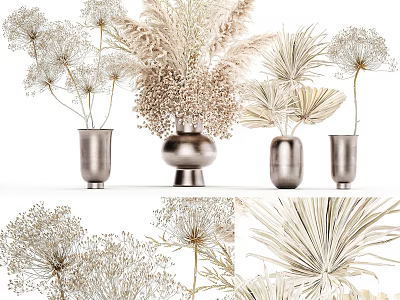 Silver Metallic Decorative Vases With Dried Pampas Grass And Palm Leaves Arrangement 3d model