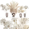 Silver Metallic Decorative Vases With Dried Pampas Grass And Palm Leaves Arrangement