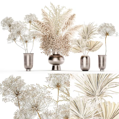 Silver Metallic Decorative Vases With Dried Pampas Grass And Palm Leaves Arrangement 3d model