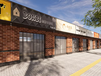 Vibrant Commercial Street With Red Brick Storefronts Glass Windows And Shop Signboards 3d model