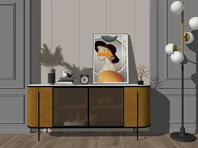 Brown Gold Sideboard With Glass Doors And Decorative Items By Floor Lamp 3d model