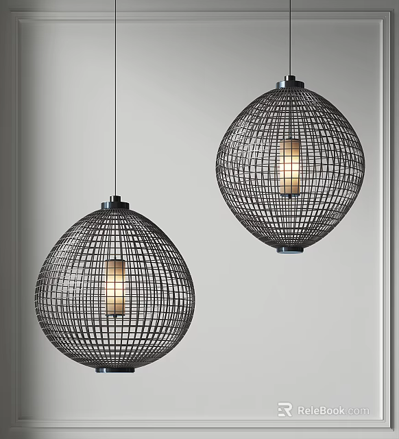 Two Modern Spherical Pendant Lights With Grid Pattern Metal Frame And Warm Glow Hanging In Space 3d model 