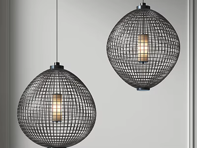 Two Modern Spherical Pendant Lights With Grid Pattern Metal Frame And Warm Glow Hanging In Space 3d model