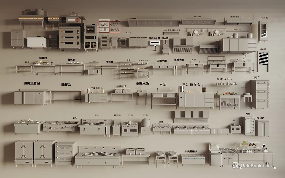 Comprehensive Commercial Kitchen Design With Various Appliances Cabinets And Workstations 3d model