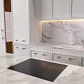 Modern Kitchen With White Cabinets Marble Countertop Gold Accents Island And Built in Appliances
