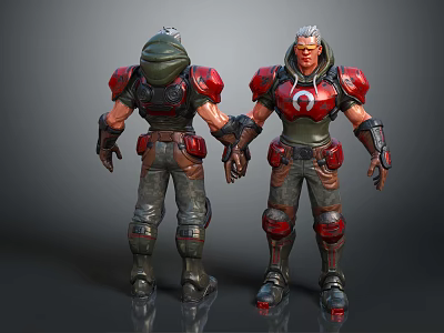 Two 3D Character Models With Red Gray Armor Costume And Hooded Design Front Back View 3d model