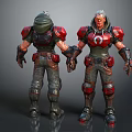 Two 3D Character Models With Red Gray Armor Costume And Hooded Design Front Back View