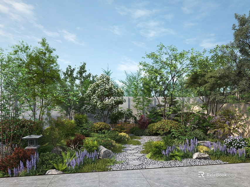 Serene Lush Garden Landscape With Stone Path Green Trees Purple Flowers And Stone Lantern 3d model 