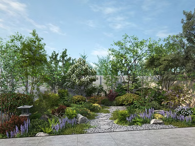 Serene Lush Garden Landscape With Stone Path Green Trees Purple Flowers And Stone Lantern 3d model