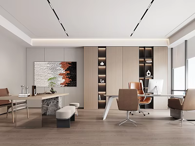 Modern Office Interior With Wooden Desk Leather Chairs Abstract Painting And Bookshelf 3d model