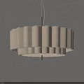 Beige Fabric Chandelier With Pleated Wave Design And Multi Layer Metal Frame Against Gray Wall