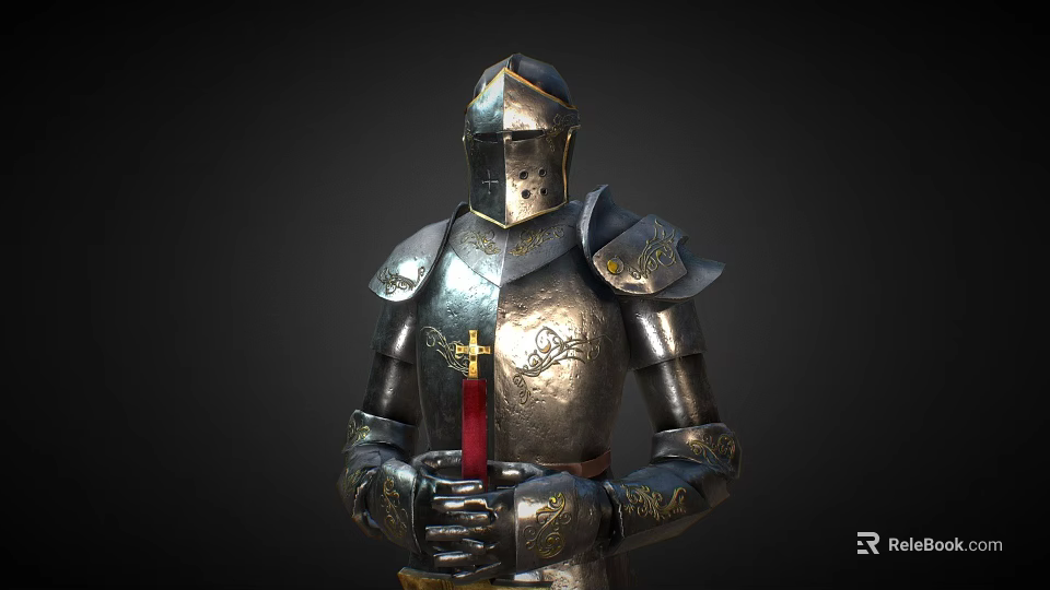 Medieval Knight Armor With Silver Metallic Finish Gold Accents And Red Sword Cross Emblem 3d model 